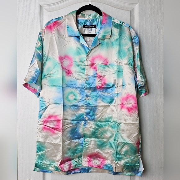 UO Men's Abstract Pattern Satin Short Sleeve Button-Down Shirt Multi Color LARGE - Picture 2 of 6
